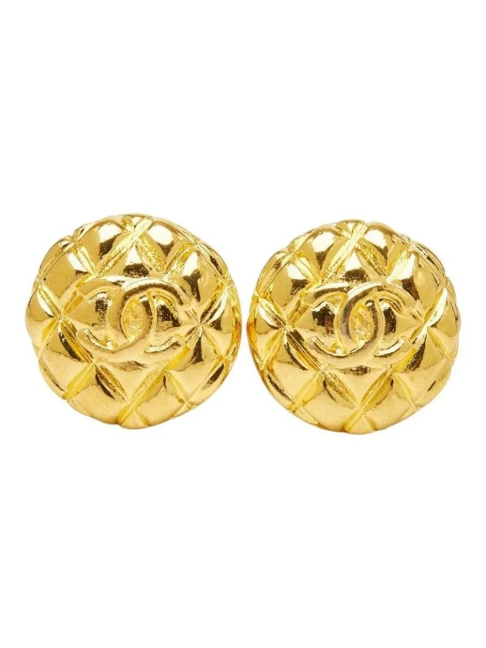 Chanel Vintage Quilted CC Logo Earrings Gold Plated